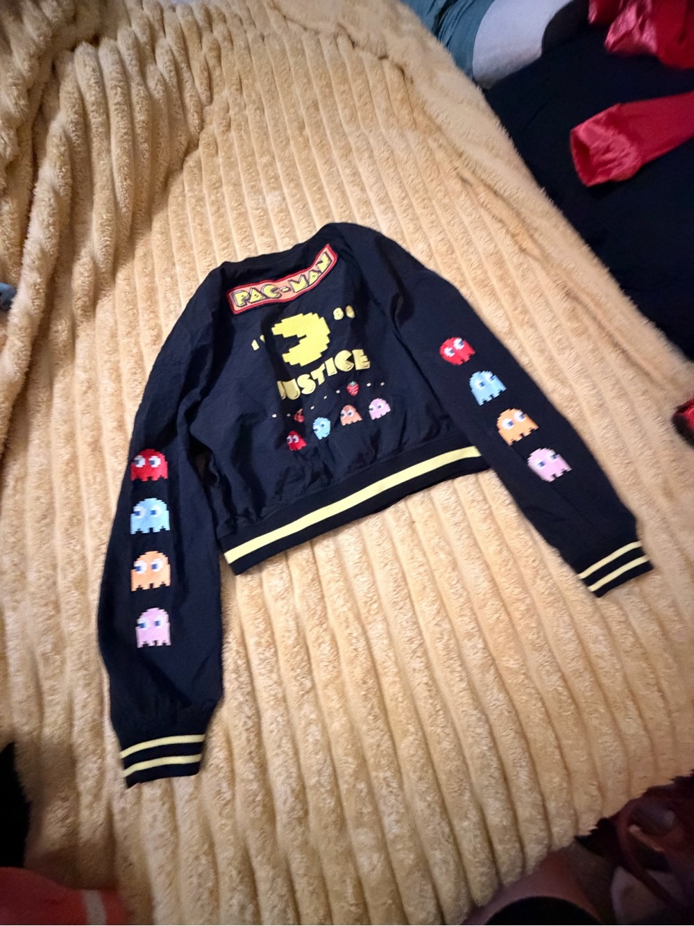 Justice Girls Black PAC MAN Bomber Jacket, PacMan Size Large 12/14